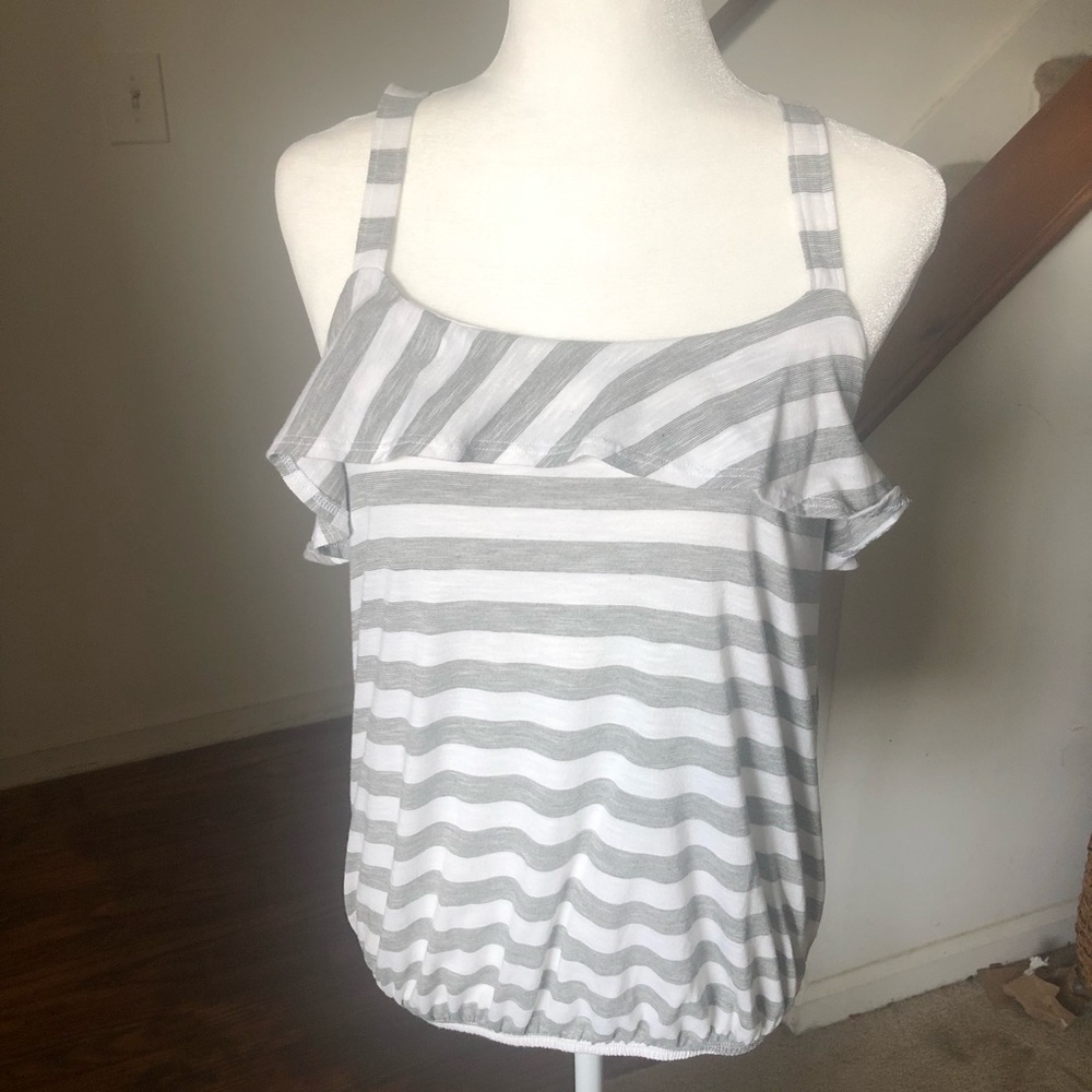 Medium Gap Gray and White Striped Ruffled Tank Top